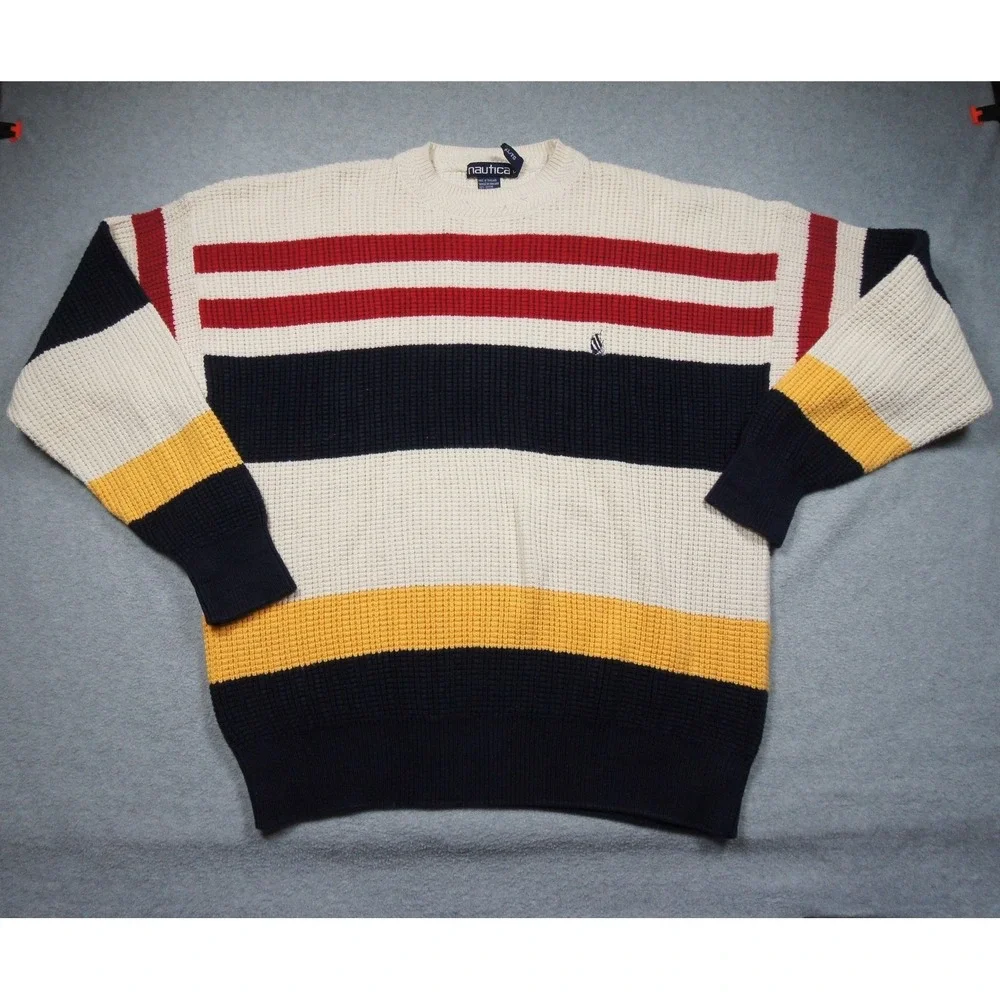 Vintage Nautica Sweater Mens XLarge Crewneck Knit Pullover Striped Cotton